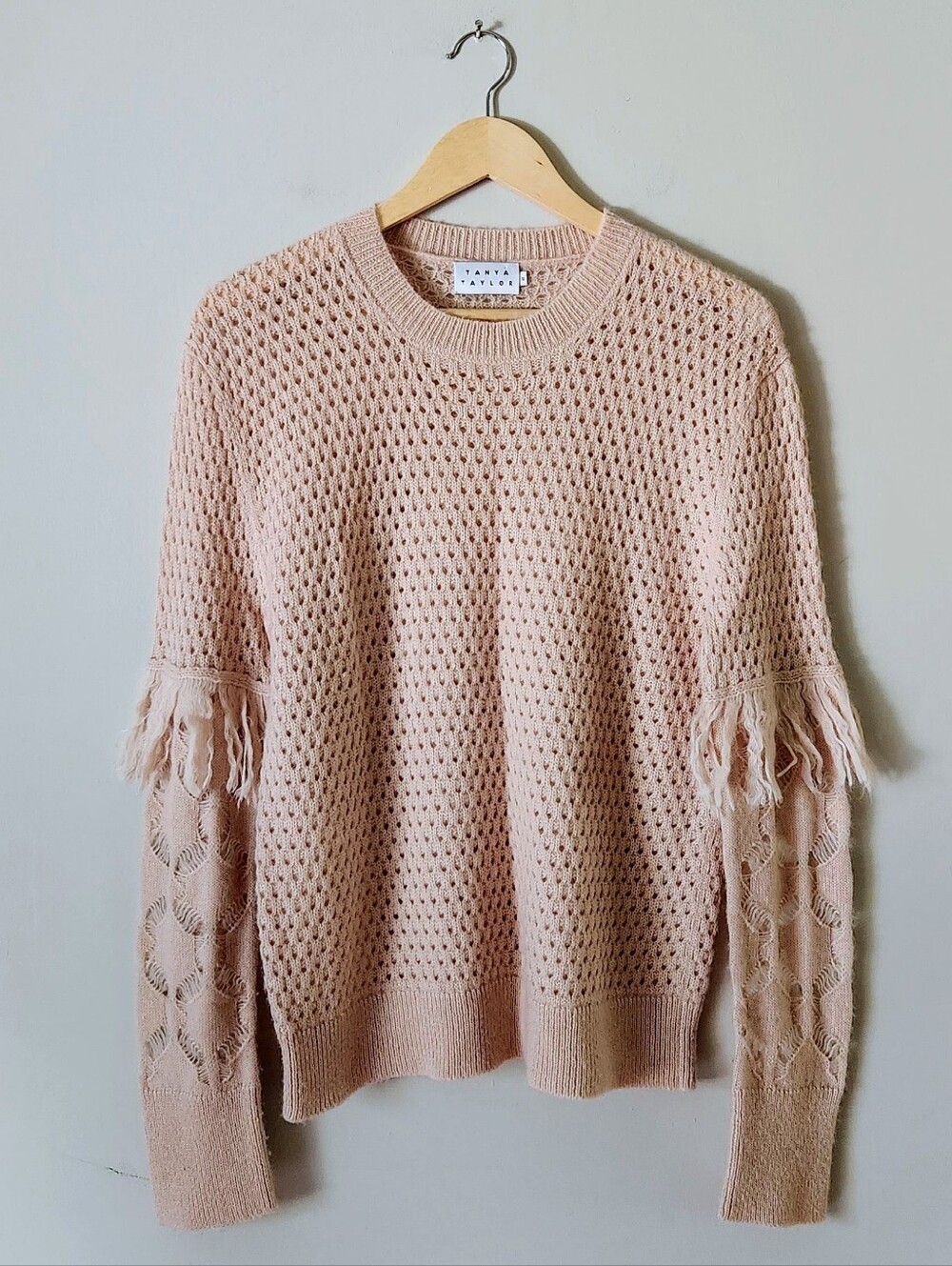 Tanya Taylor Alpaca Blend Blush Fringe Open-Knit Crewneck Sweater Sz S